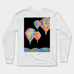 Hot Air Balloon Watercolor Painting on Black Balloons Long Sleeve T-Shirt